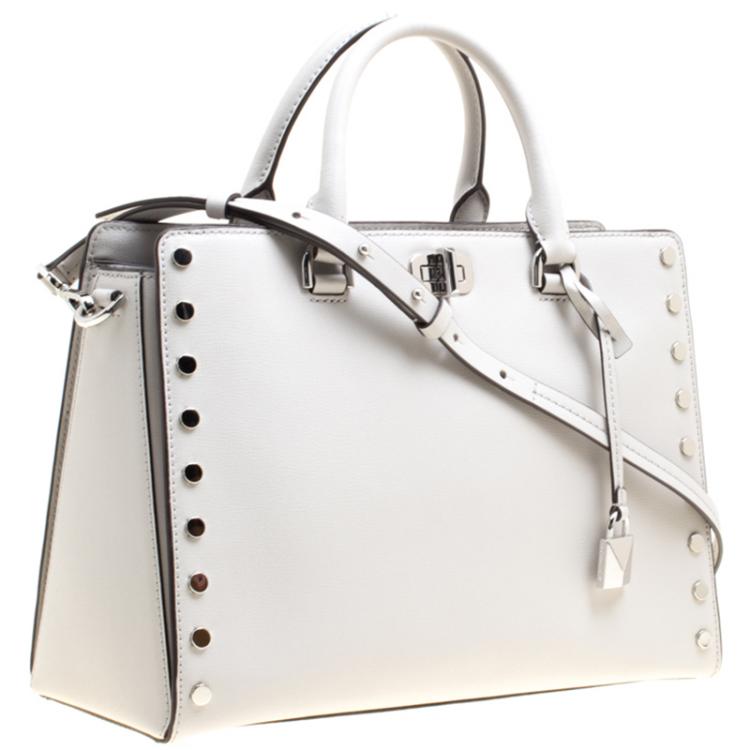 Pre Owned Michael Kors Light Grey Leather Large Sylvie Studded Satchel