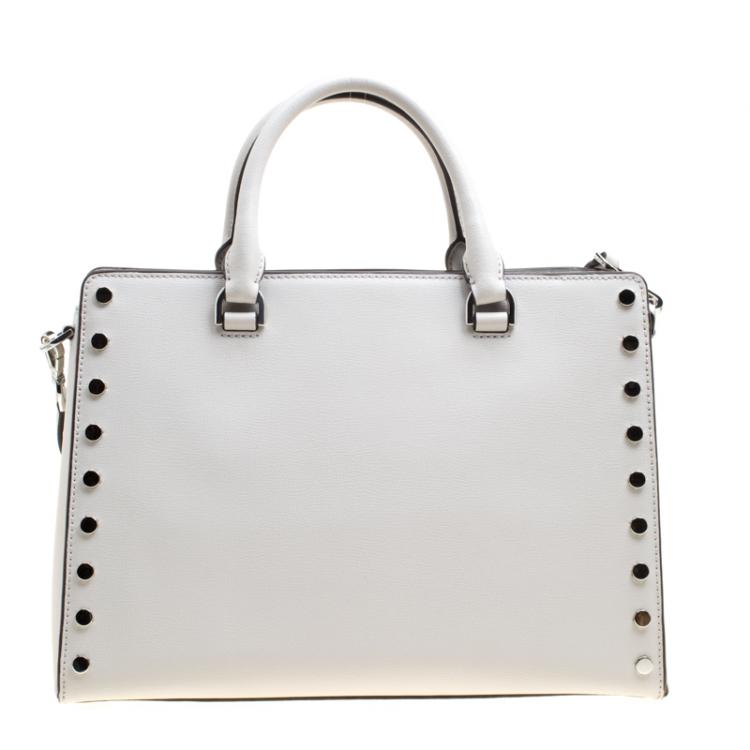 Pre Owned Michael Kors Light Grey Leather Large Sylvie Studded Satchel