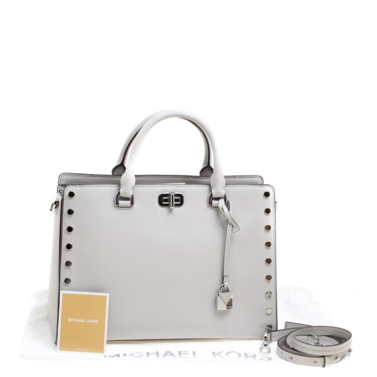 Pre Owned Michael Kors Light Grey Leather Large Sylvie Studded Satchel