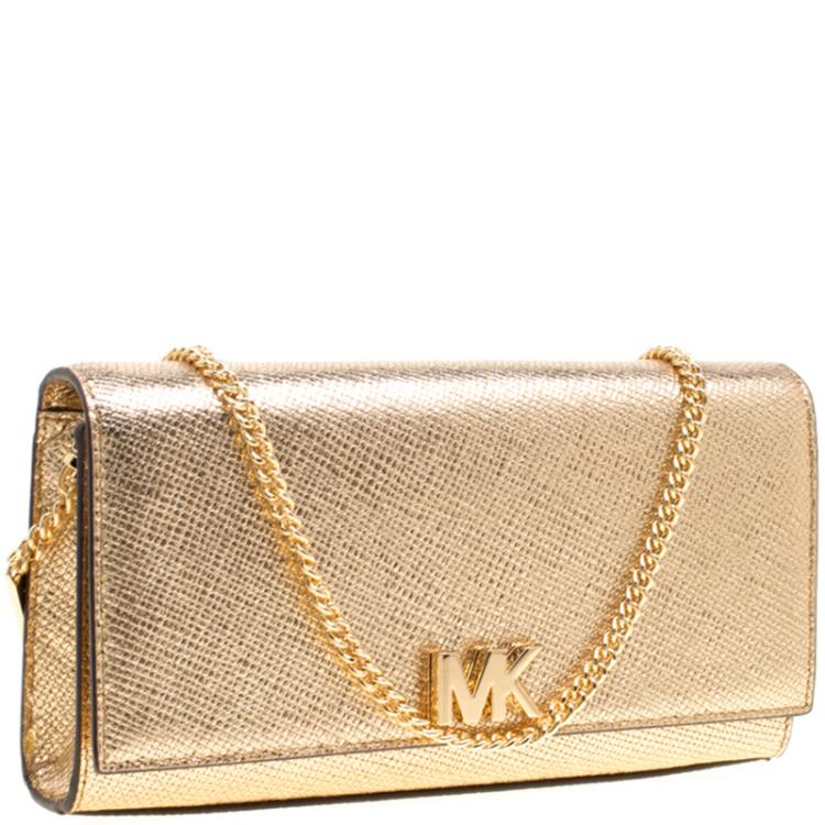 Pre Owned Michael Kors Light Gold Leather Mott East West Chain Clutch