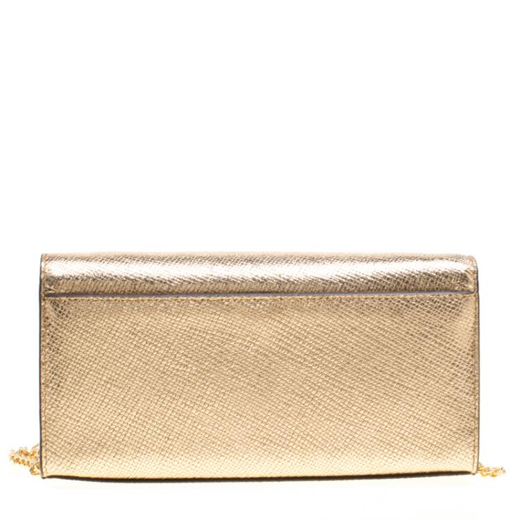 Pre Owned Michael Kors Light Gold Leather Mott East West Chain Clutch