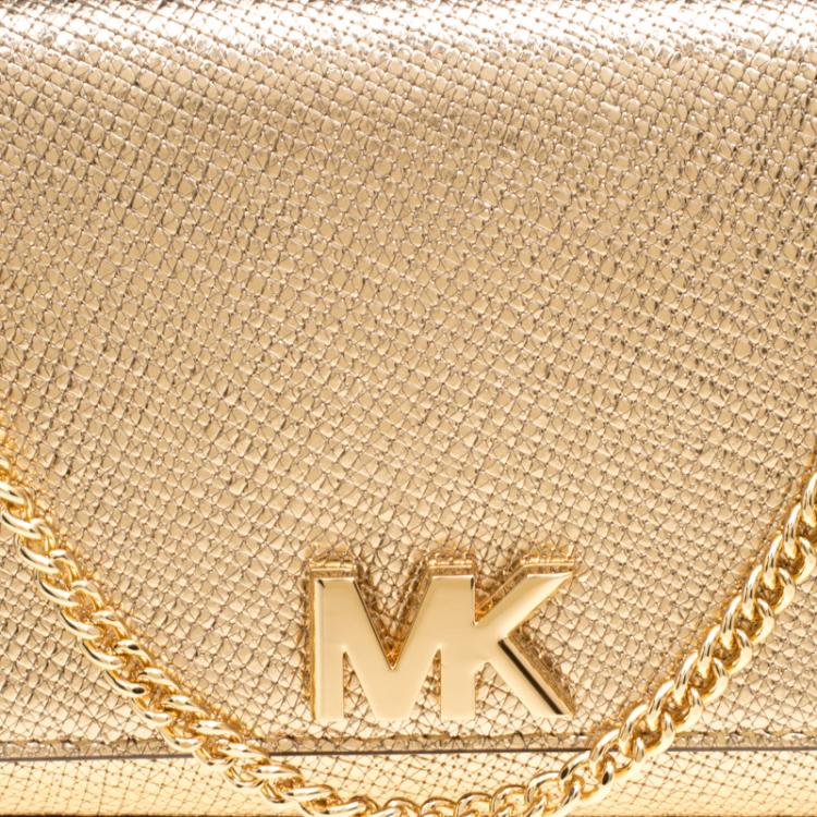 Pre Owned Michael Kors Light Gold Leather Mott East West Chain Clutch