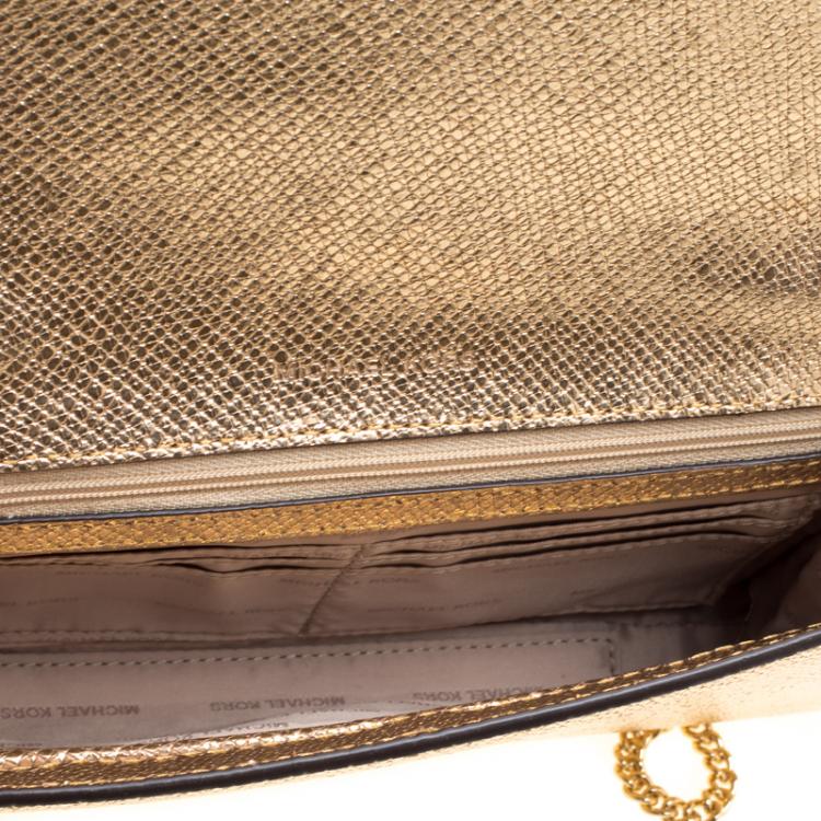 Pre Owned Michael Kors Light Gold Leather Mott East West Chain Clutch