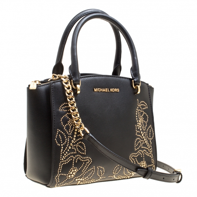 Pre Owned Michael Kors Black Leather Small Ellis Studded Top Handle Bag