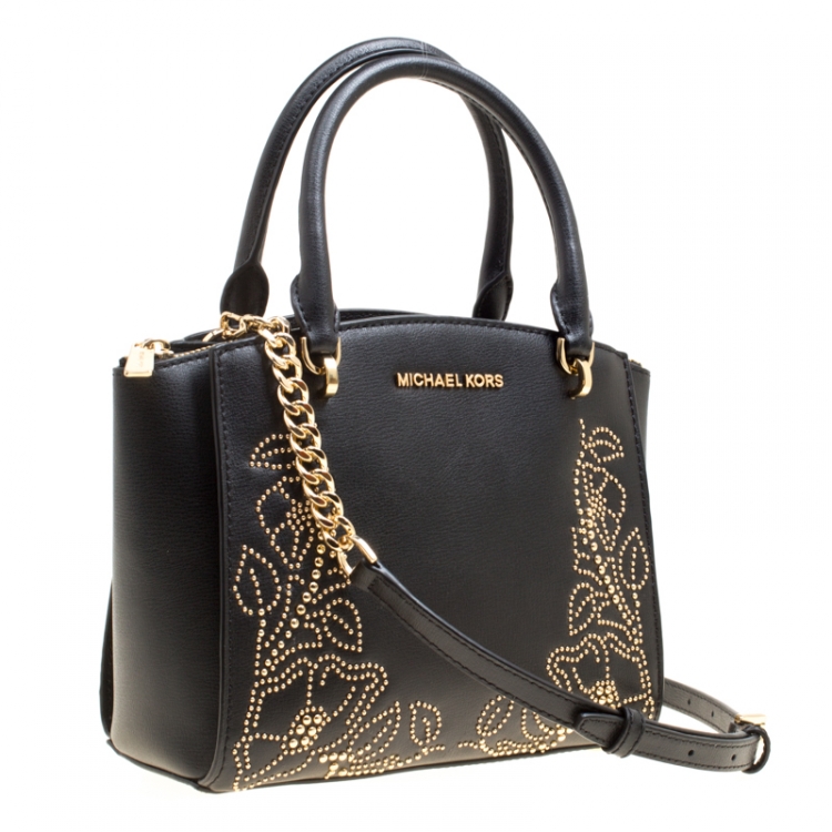 Pre Owned Michael Kors Black Leather Small Ellis Studded Top Handle Bag