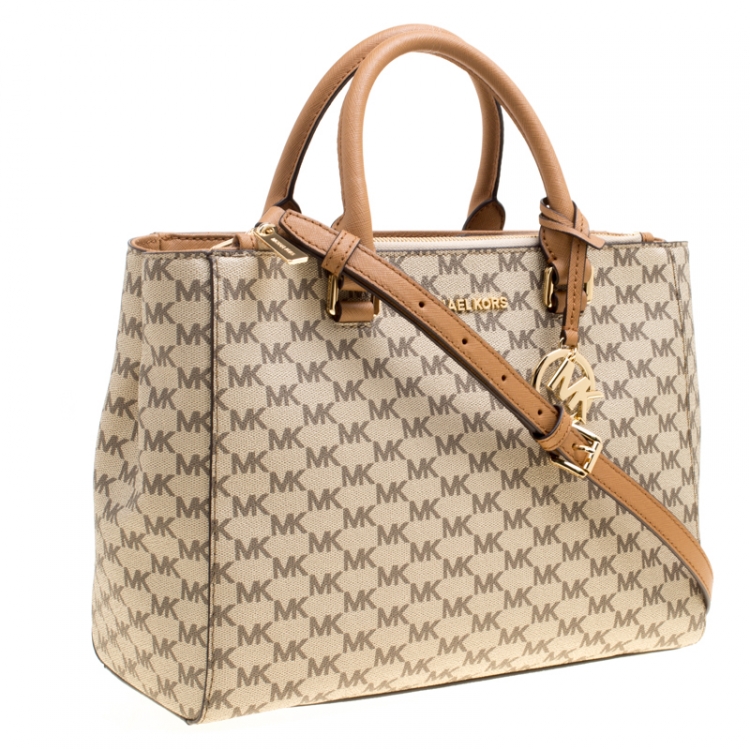 Pre Owned Michael Kors Beige/Brown Signature Coated Canvas Kellen Top Handle Bag