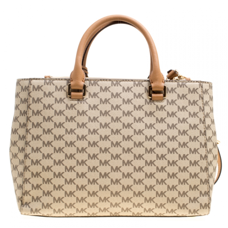 Pre Owned Michael Kors Beige/Brown Signature Coated Canvas Kellen Top Handle Bag
