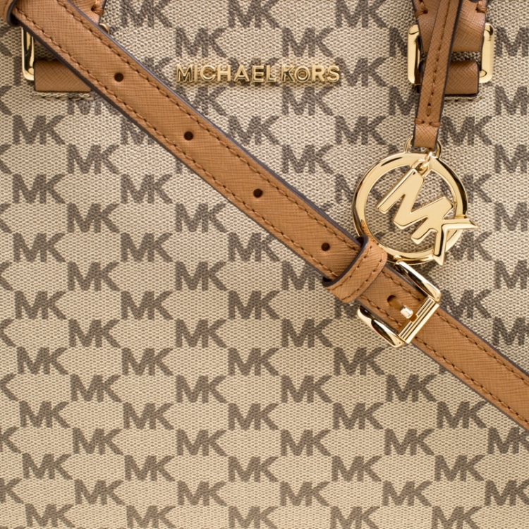 Pre Owned Michael Kors Beige/Brown Signature Coated Canvas Kellen Top Handle Bag