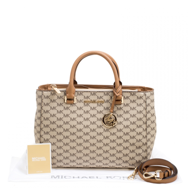 Pre Owned Michael Kors Beige/Brown Signature Coated Canvas Kellen Top Handle Bag