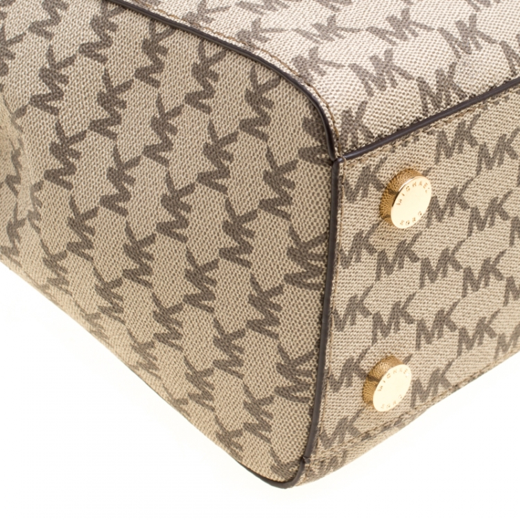 Pre Owned Michael Kors Beige/Brown Signature Coated Canvas Kellen Top Handle Bag