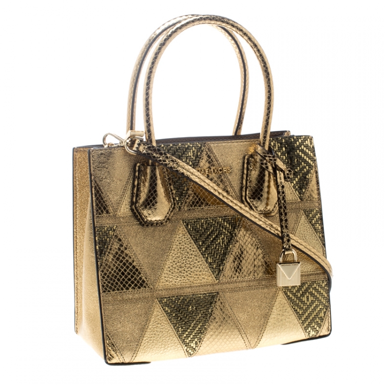 Pre Owned Michael Kors Gold Embossed Leather Patch Mercer Tote