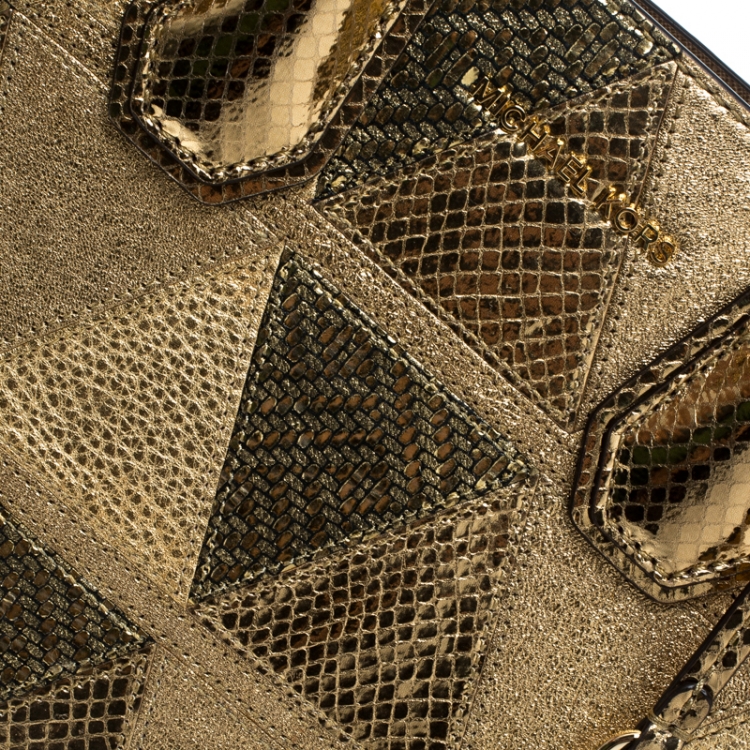 Pre Owned Michael Kors Gold Embossed Leather Patch Mercer Tote