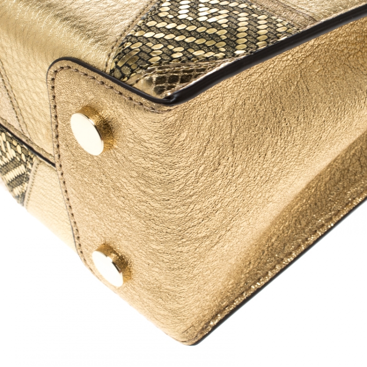 Pre Owned Michael Kors Gold Embossed Leather Patch Mercer Tote