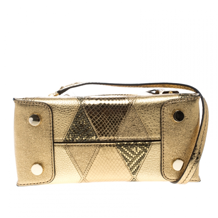 Pre Owned Michael Kors Gold Embossed Leather Patch Mercer Tote