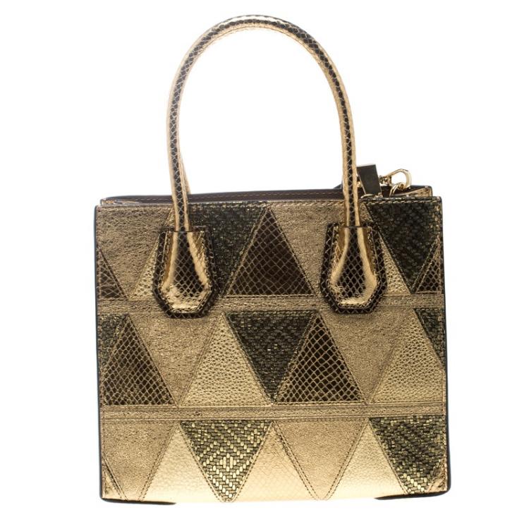 Pre Owned Michael Kors Gold Embossed Leather Patch Mercer Tote