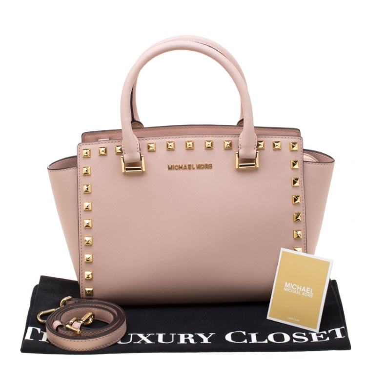 Pre Owned Michael Kors Pale Pink Leather Selma Studded Tote
