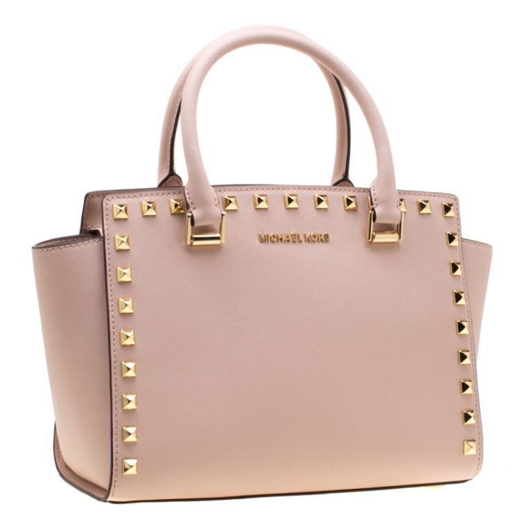 Pre Owned Michael Kors Pale Pink Leather Selma Studded Tote