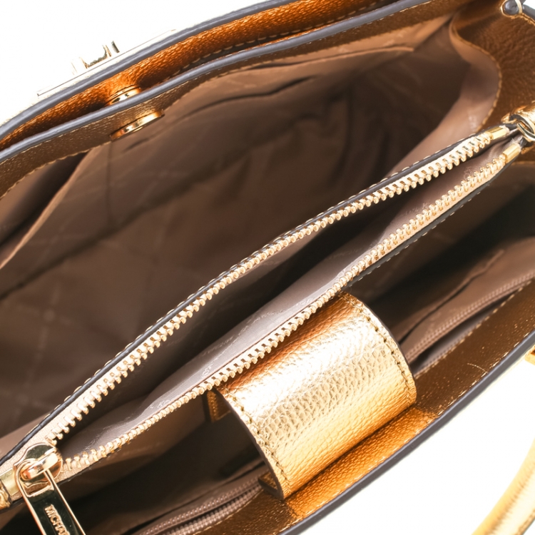 Pre Owned Michael Kors Gold PVC and Leather Medium Kinsley Accordion Satchel 