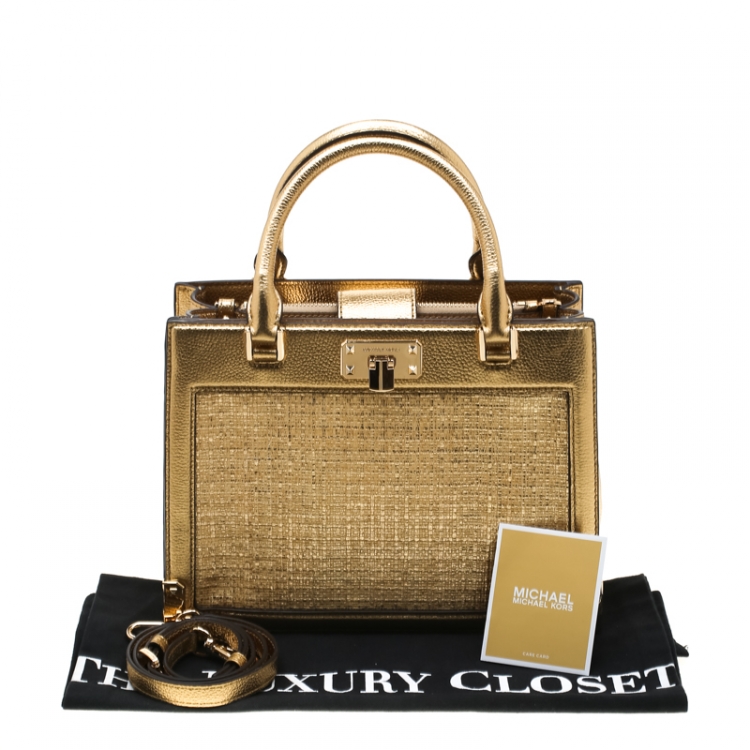 Pre Owned Michael Kors Gold PVC and Leather Medium Kinsley Accordion Satchel 