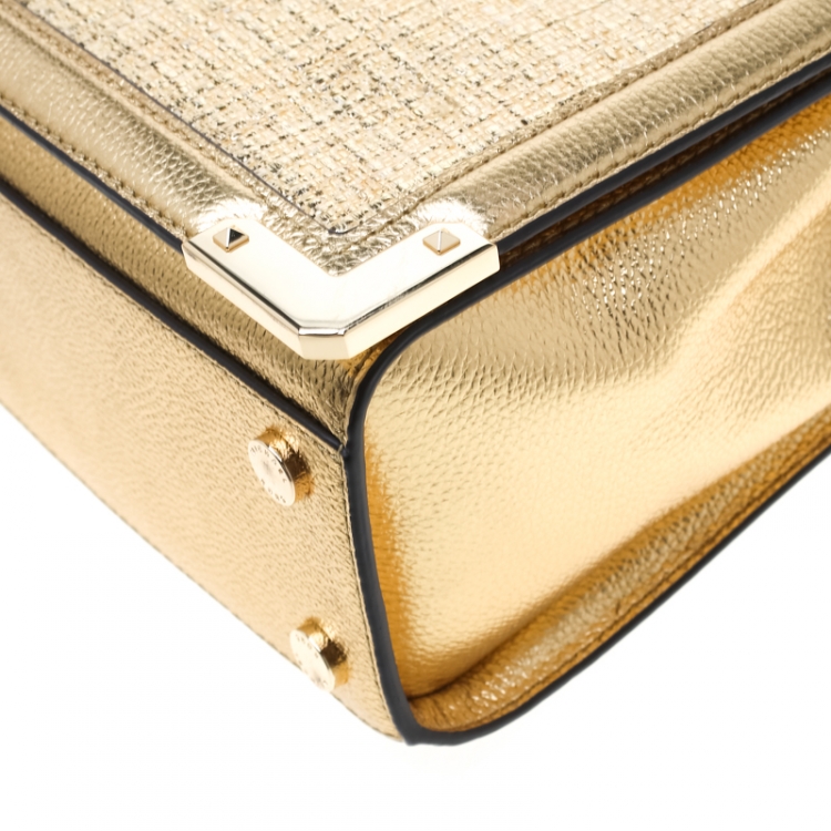Pre Owned Michael Kors Gold PVC and Leather Medium Kinsley Accordion Satchel 