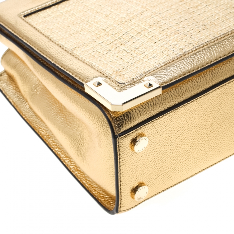 Pre Owned Michael Kors Gold PVC and Leather Medium Kinsley Accordion Satchel 