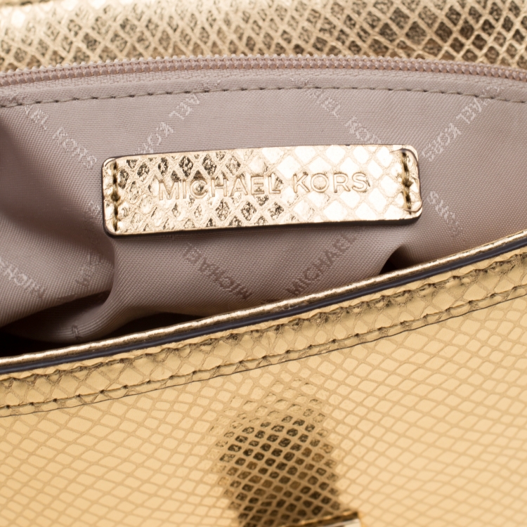 Pre Owned Michael Kors Gold Metallic Snakeskin Embossed Leather Small Tina Trunk Top Handle Bag