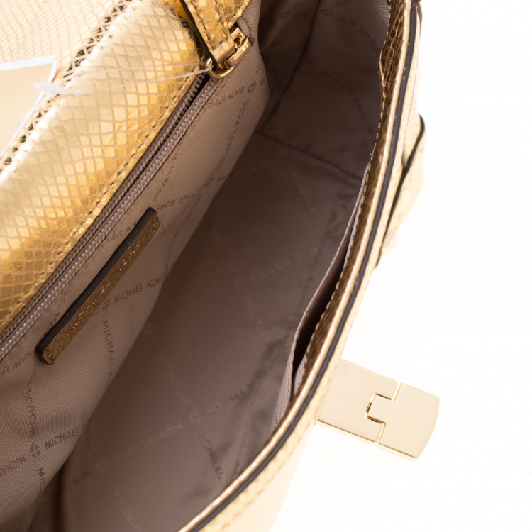 Pre Owned Michael Kors Gold Metallic Snakeskin Embossed Leather Small Tina Trunk Top Handle Bag