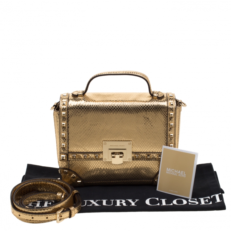 Pre Owned Michael Kors Gold Metallic Snakeskin Embossed Leather Small Tina Trunk Top Handle Bag