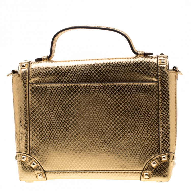 Pre Owned Michael Kors Gold Metallic Snakeskin Embossed Leather Small Tina Trunk Top Handle Bag