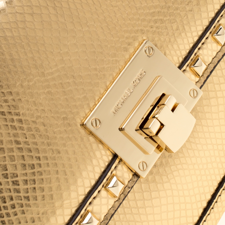 Pre Owned Michael Kors Gold Metallic Snakeskin Embossed Leather Small Tina Trunk Top Handle Bag
