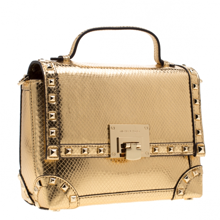 Pre Owned Michael Kors Gold Metallic Snakeskin Embossed Leather Small Tina Trunk Top Handle Bag