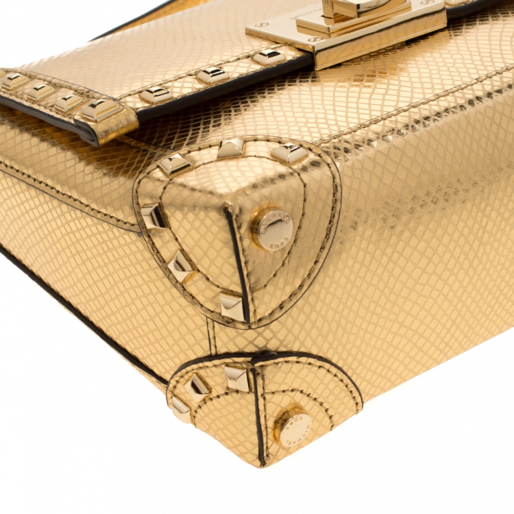 Pre Owned Michael Kors Gold Metallic Snakeskin Embossed Leather Small Tina Trunk Top Handle Bag