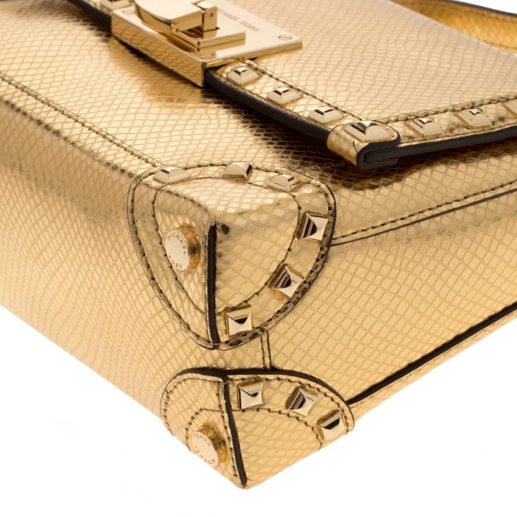 Pre Owned Michael Kors Gold Metallic Snakeskin Embossed Leather Small Tina Trunk Top Handle Bag