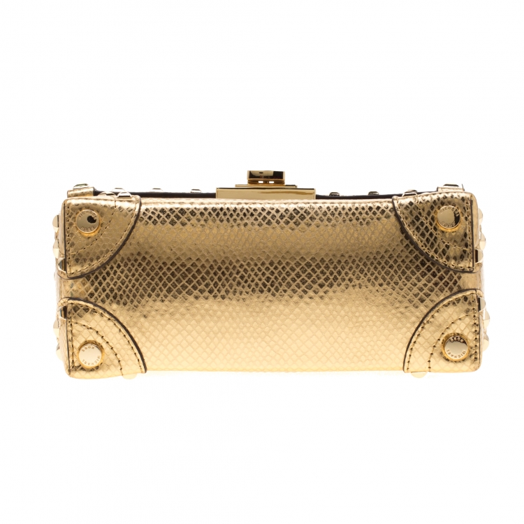 Pre Owned Michael Kors Gold Metallic Snakeskin Embossed Leather Small Tina Trunk Top Handle Bag