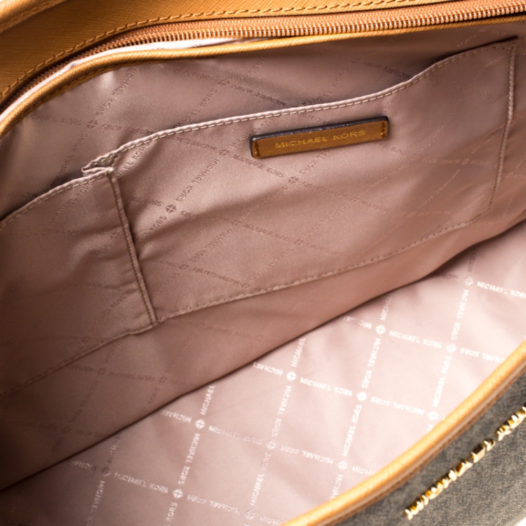 Pre Owned Michael Kors Brown/Tan Large Coated Canvas Sady Tote 