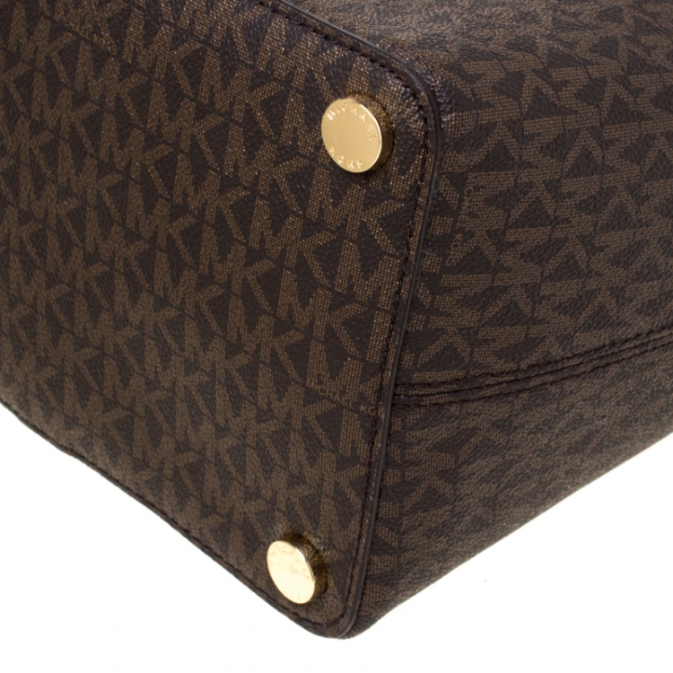 Pre Owned Michael Kors Brown/Tan Large Coated Canvas Sady Tote 