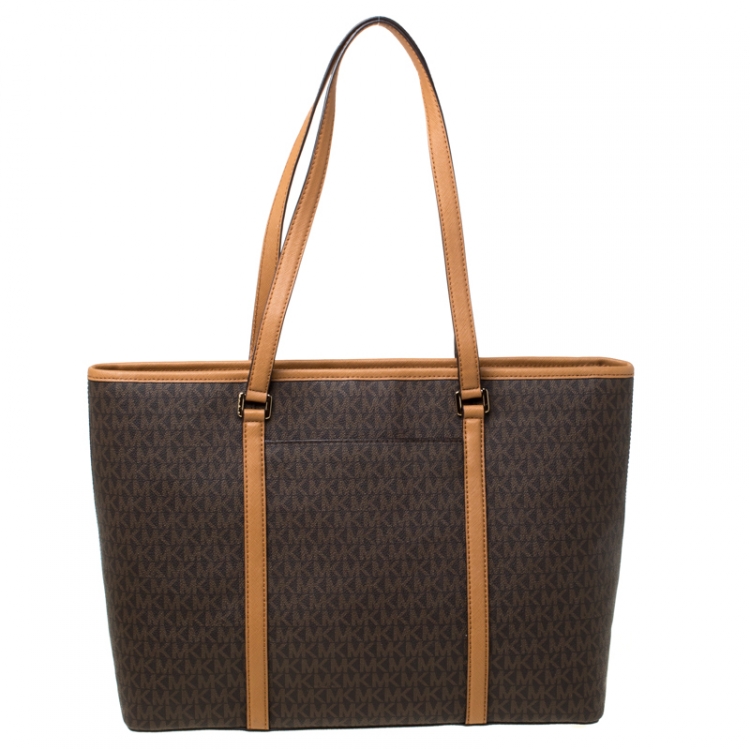 Pre Owned Michael Kors Brown/Tan Large Coated Canvas Sady Tote 
