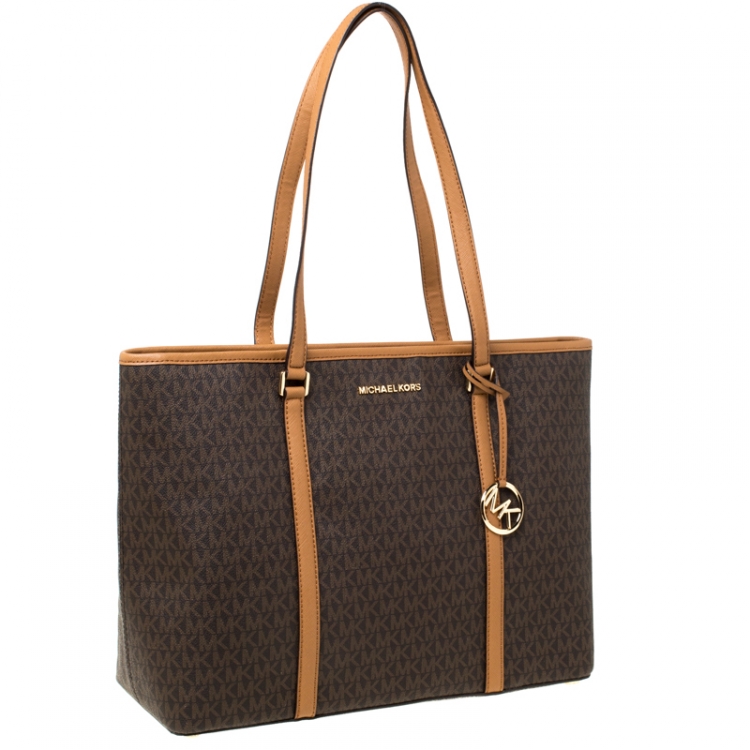 Pre Owned Michael Kors Brown/Tan Large Coated Canvas Sady Tote 