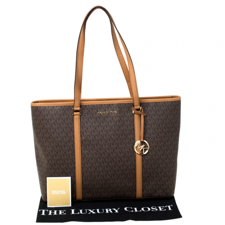 Pre Owned Michael Kors Brown/Tan Large Coated Canvas Sady Tote 