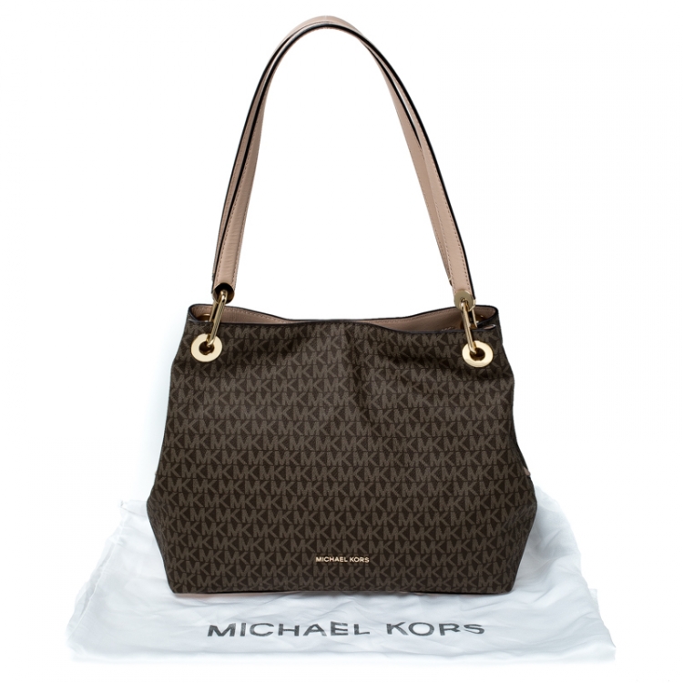 Pre Owned MICHAEL Michael Kors Brown Coated Canvas and Leather Signature Raven Tote 