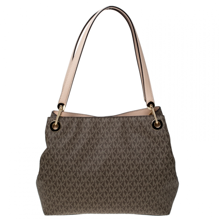 Pre Owned MICHAEL Michael Kors Brown Coated Canvas and Leather Signature Raven Tote 