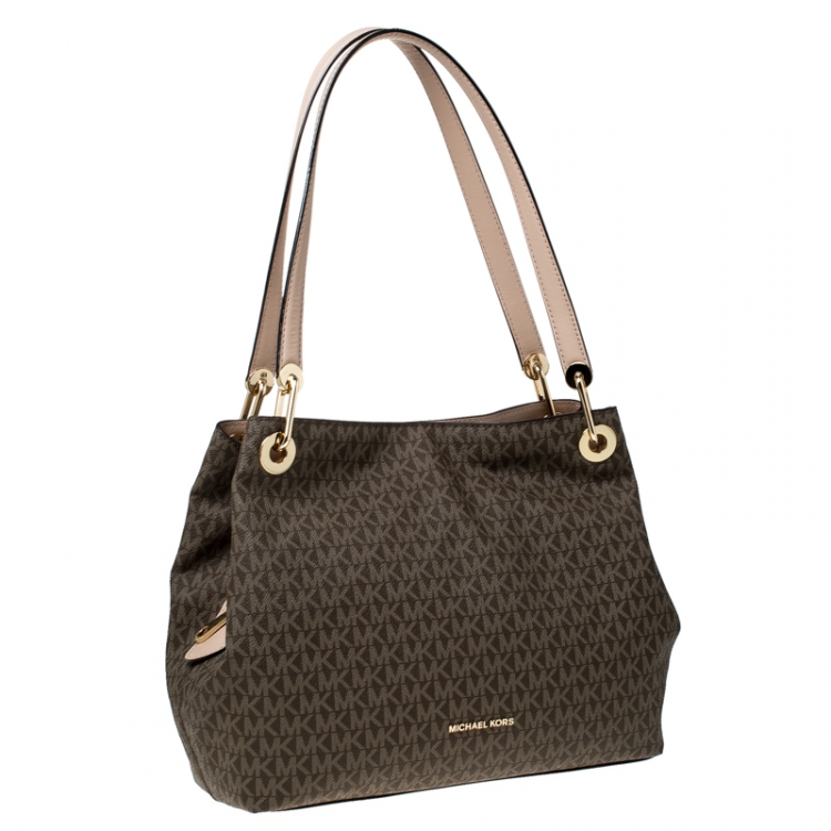 Pre Owned MICHAEL Michael Kors Brown Coated Canvas and Leather Signature Raven Tote 