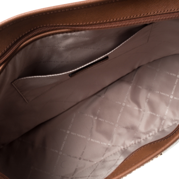 Pre Owned Michael Kors Brown/Tan Large Coated Canvas Sady Tote 