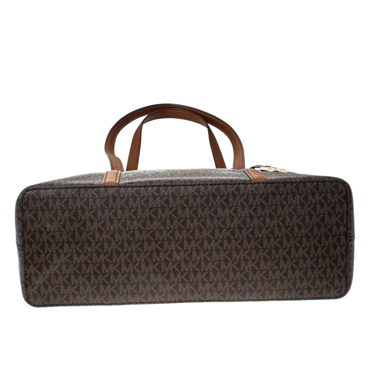 Pre Owned Michael Kors Brown/Tan Large Coated Canvas Sady Tote 