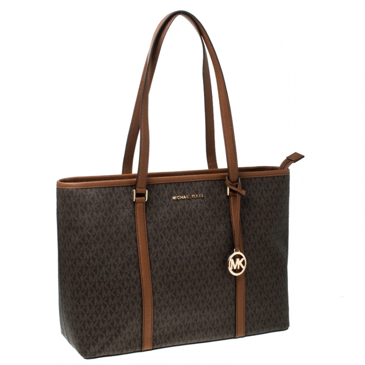 Pre Owned Michael Kors Brown/Tan Large Coated Canvas Sady Tote 