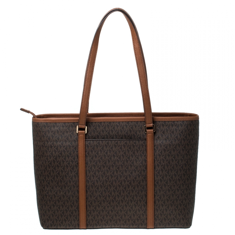Pre Owned Michael Kors Brown/Tan Large Coated Canvas Sady Tote 