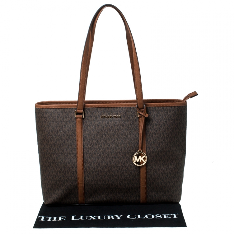 Pre Owned Michael Kors Brown/Tan Large Coated Canvas Sady Tote 