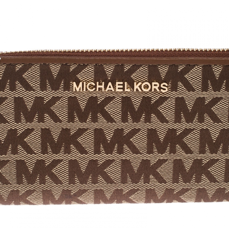 Pre Owned Michael Kors Beige Signature Canvas and Leather Zip Around Wallet