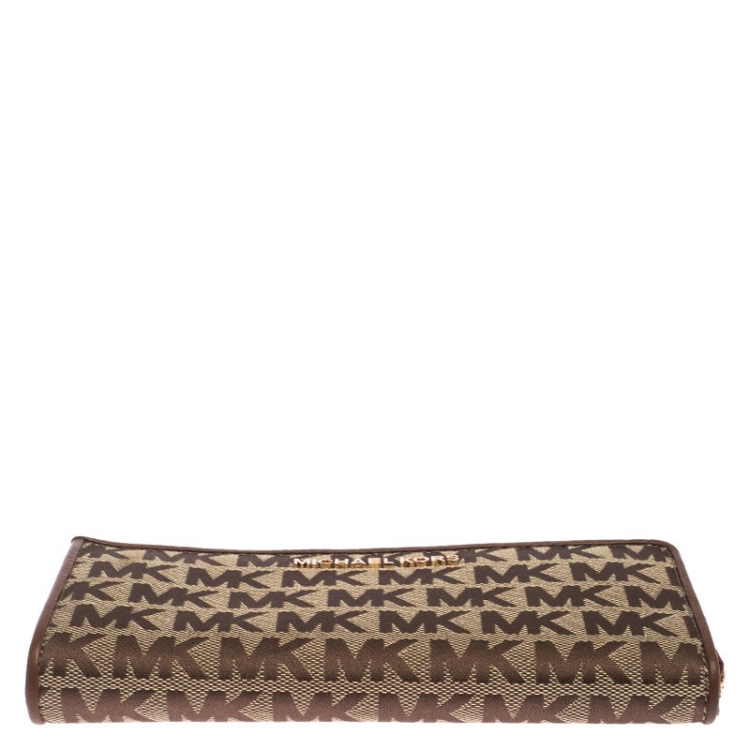 Pre Owned Michael Kors Beige Signature Canvas and Leather Zip Around Wallet