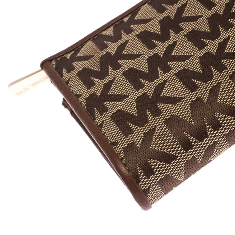 Pre Owned Michael Kors Beige Signature Canvas and Leather Zip Around Wallet